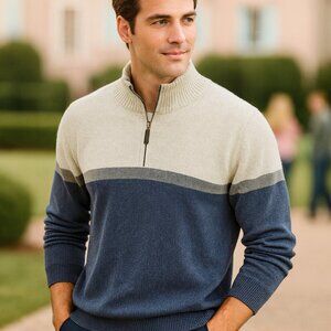 George Men’s Colorblock Quarter Zip Sweater Size L Blue Gray Winter Knit VTG 90s